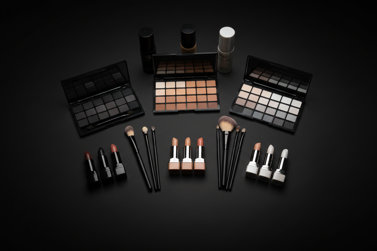 ayudame con un kit de maquillaje para iniciar apreder a maquillar... con colores negros nut y blanco... ponle encima como una sombra negra que la haga ver un 65% oscura 