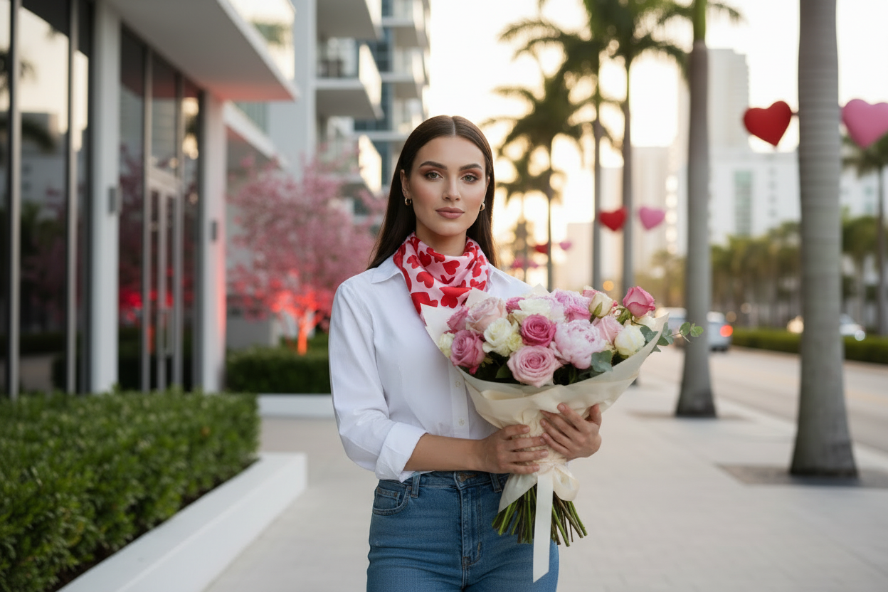 genial pero vestida mas casual urbana con jean y camisa de botones blanca y bufanda usa colores rojos y rosas como detalles en la ropa y fondo