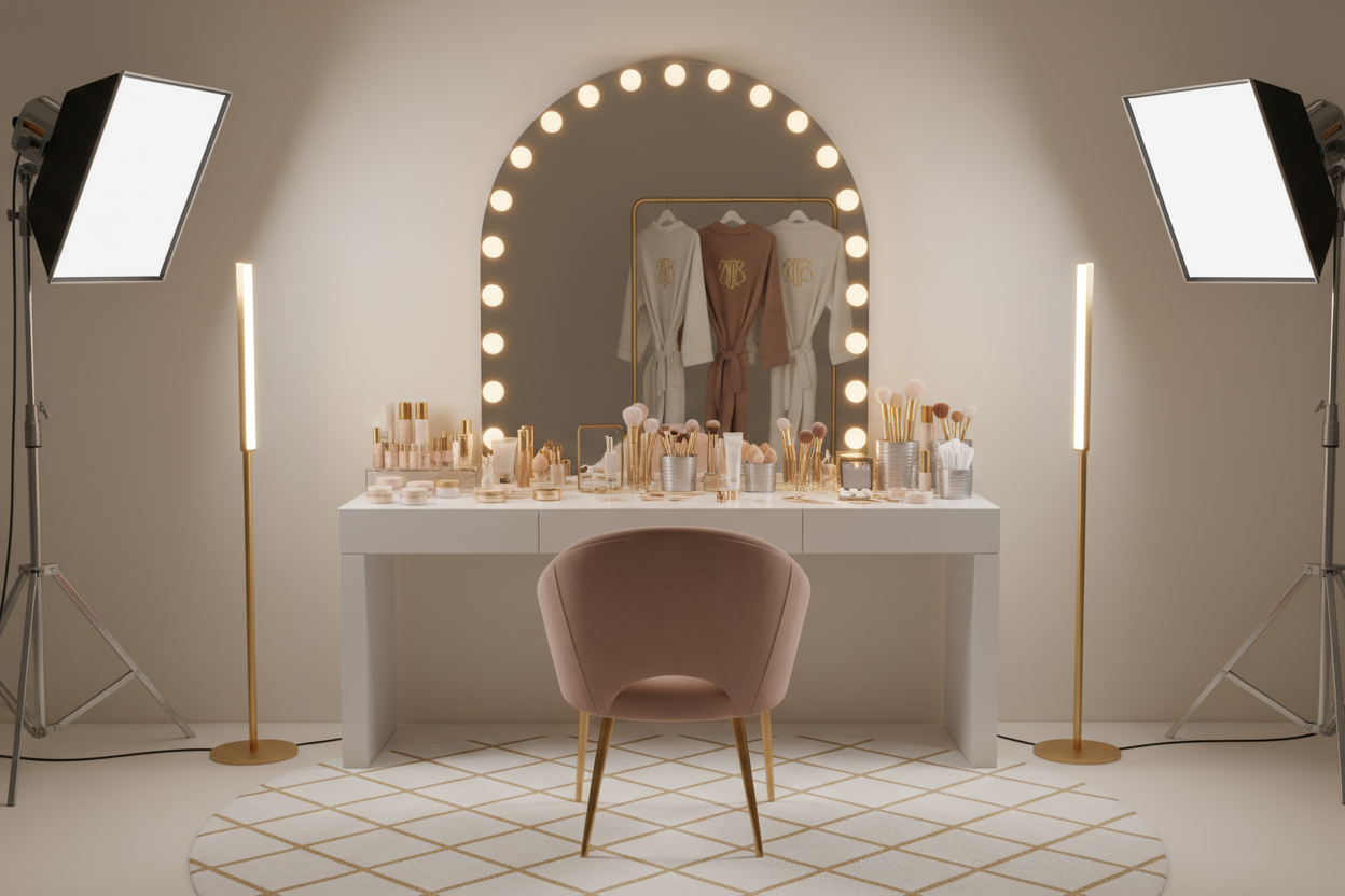 un espacio de maquillaje para un set de gravacion con luces. Usa una paleta de colores nut con dorado blaco y plateado