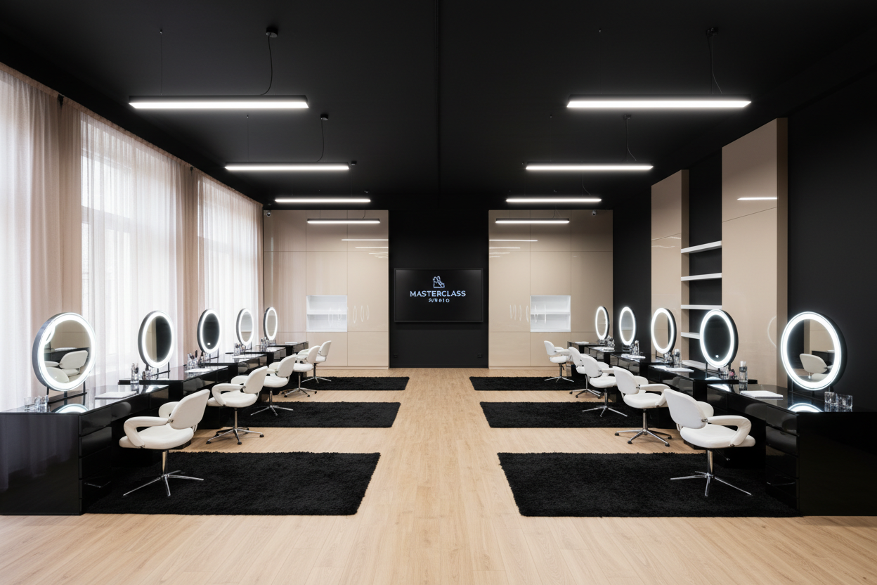 un espacio especial para dar talle de maquillaje a 10 personas (sin personas en la foto) paleta de colores negra nut y blanco 50% negro 2000x2000