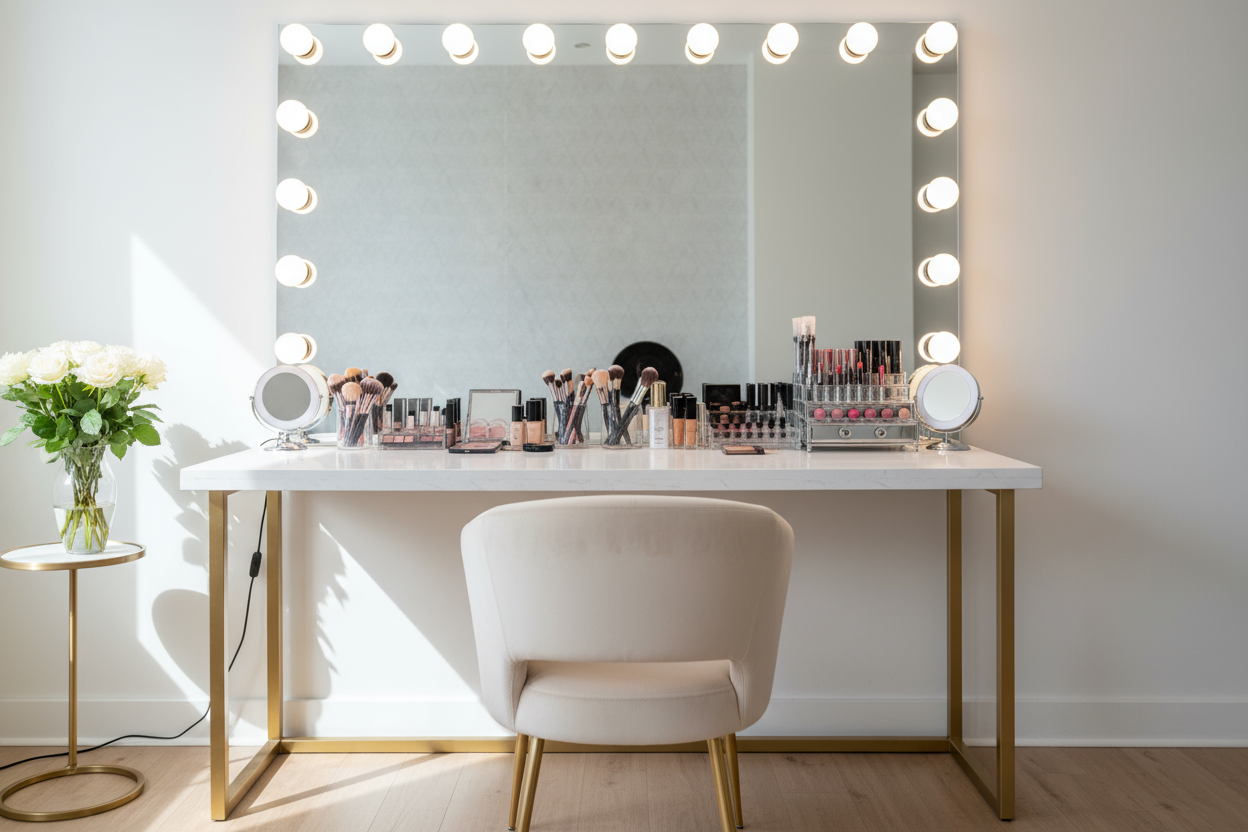 una silla y espejo para maquillaje